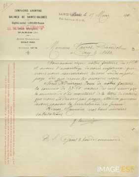 Lettre de la Compagnie anonyme des Salines de Sainte-Valdrée (Paris)